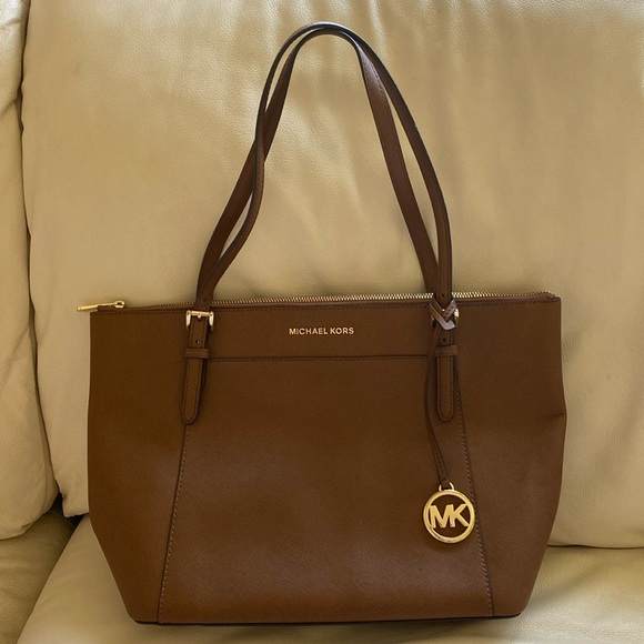 Michael Kors Top Zip Brown Leather Tote Bag- Pocket on Back - Picture 1 of 5